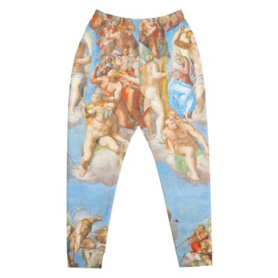 Front product mockup of blue Sistine Chapel print joggers showing the all-over artwork, elastic waist and cuffed legs.