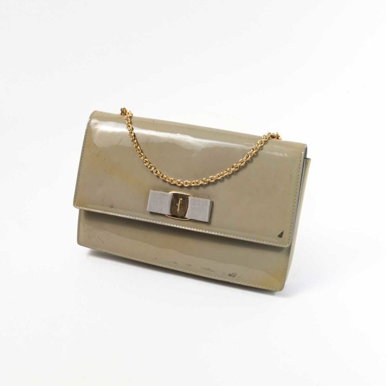 Vintage Ferragamo Patent Bow Clutch with Chain
