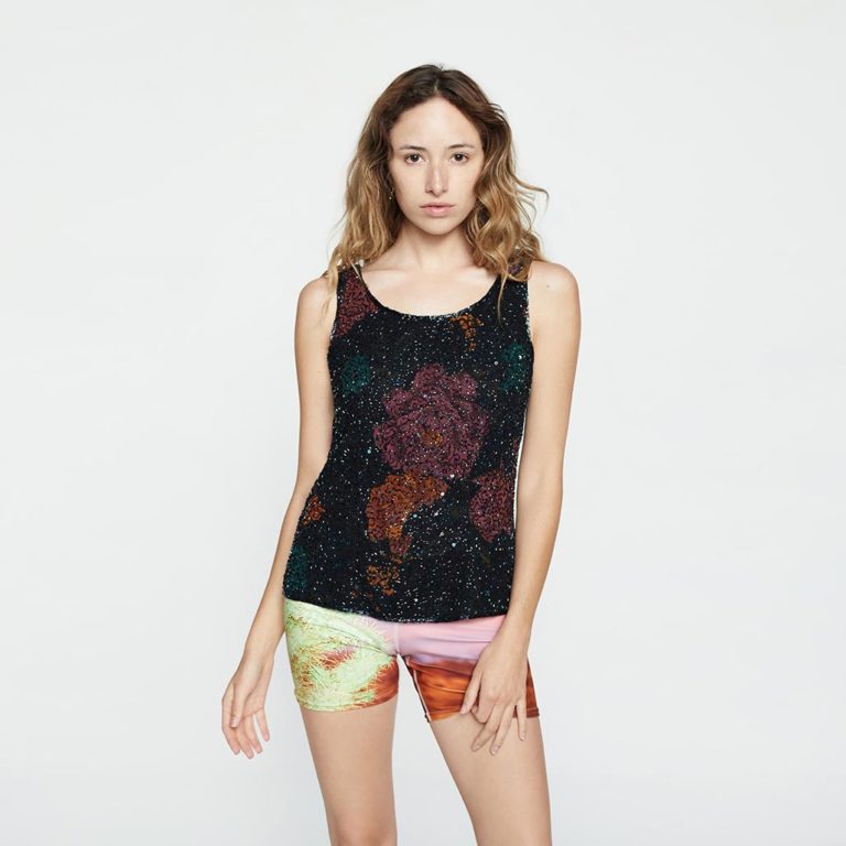 Vintage Jkara Beaded Silk Top in Black Floral, Size S