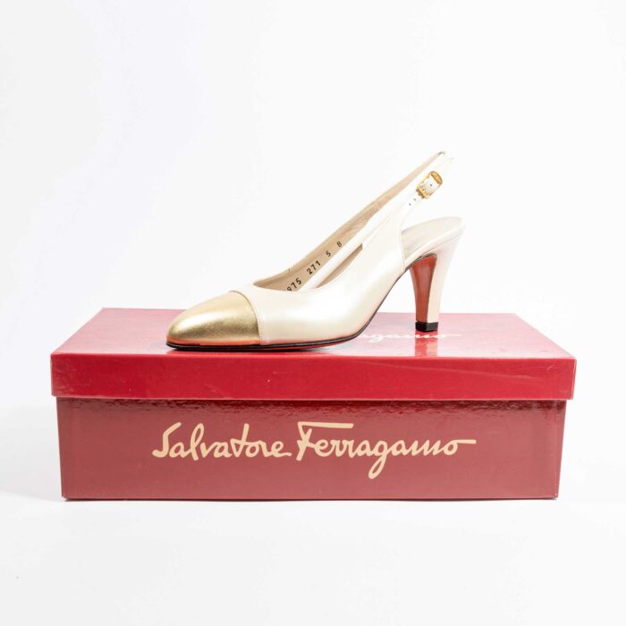 90s White-Gold Ferragamo Slingback Pumps sz 5 - Image 2