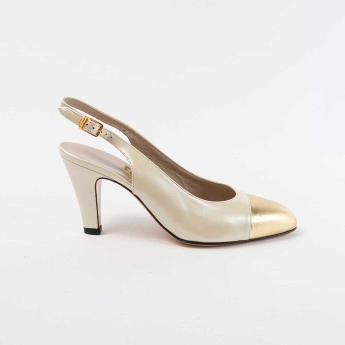 90s White-Gold Ferragamo Slingback Pumps sz 5 - Image 8