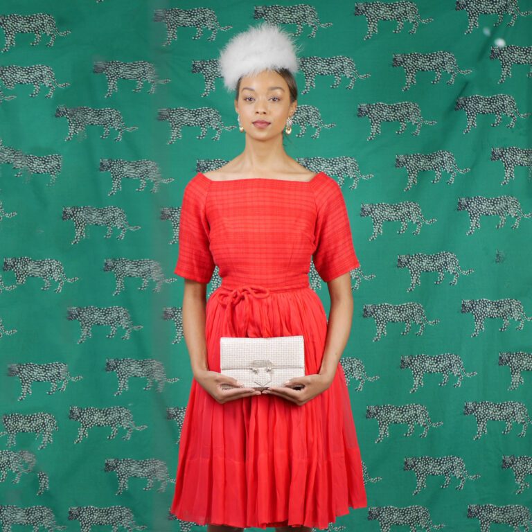 1950s Bullocks Wilshire Red Wool Tweed & Silk Chiffon Dress, Modern US 0–2 / XS