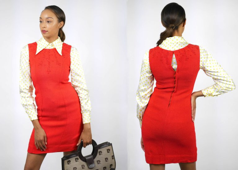 Late 1950s/early 1960s Honorina Alina Red Beaded Linen-Cotton Shift Dress – Modern US 0–2 / XS