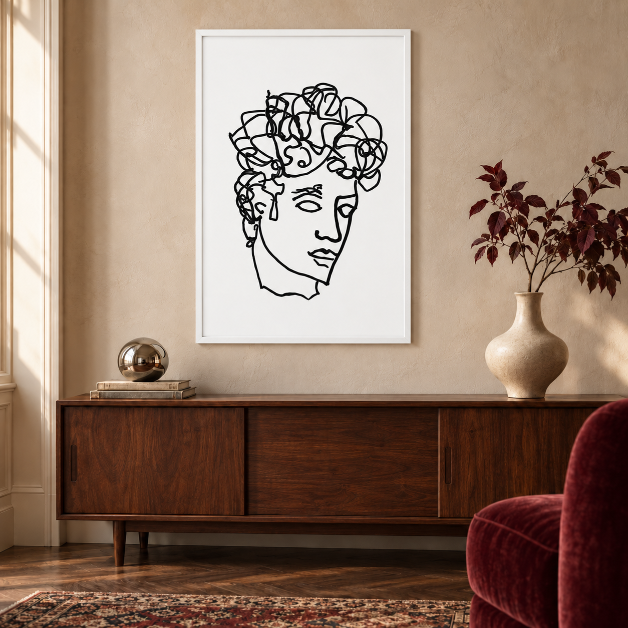 Quirk Antinous ballpoint line drawing in a white 24 × 36 inch portrait frame above a walnut console, shown for styling inspiration