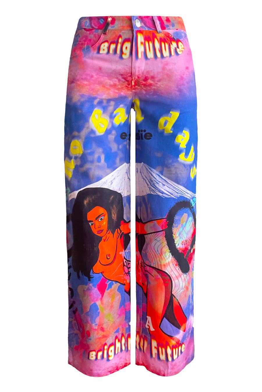 Front of Elsie & Fred Brighter Future wide-leg graphic jeans with pink and blue panels, yellow lettering, an illustrated figure and mountain motif.