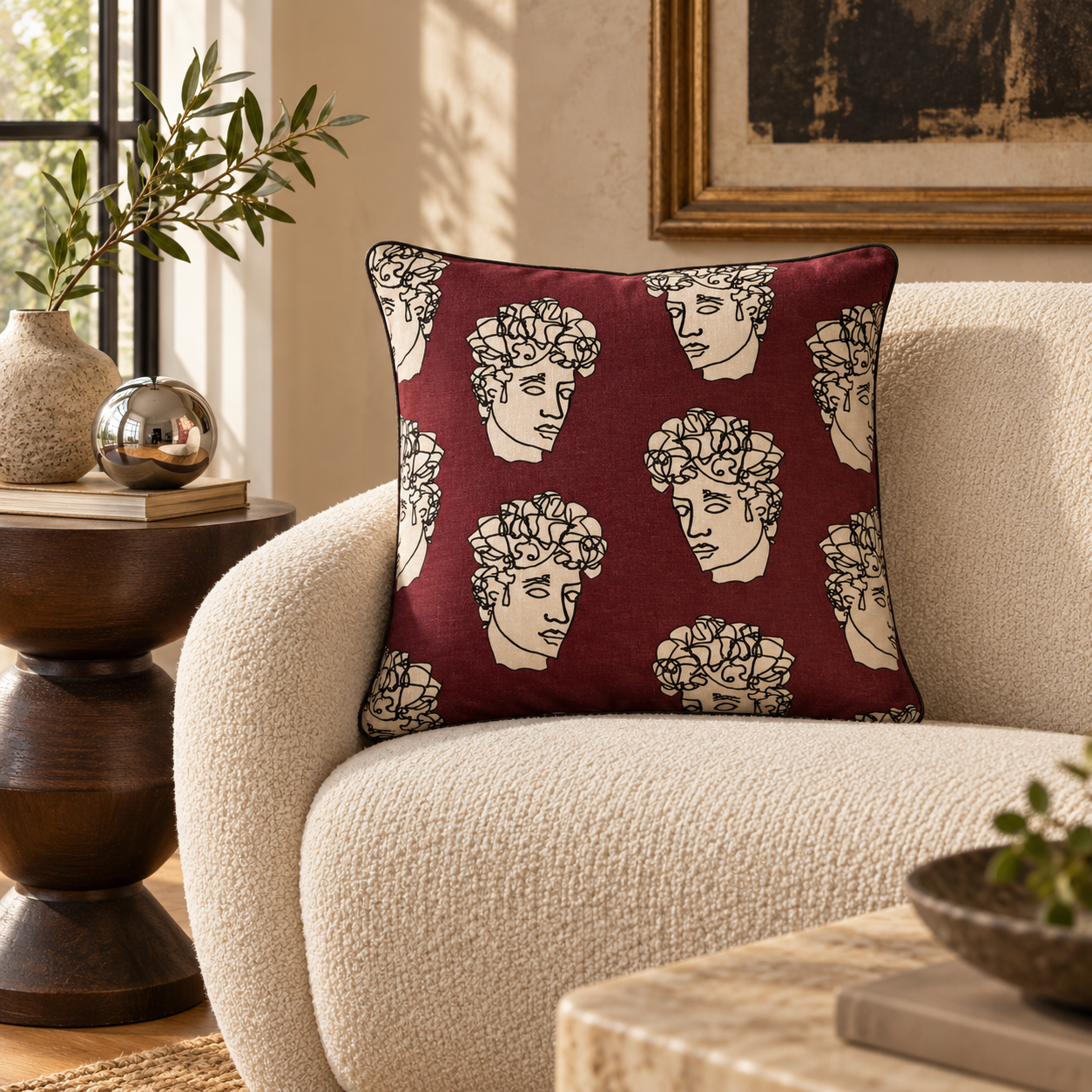 Quirk burgundy Greco-Roman cushion with cream Antinous line drawings on a cream armchair, shown for styling inspiration