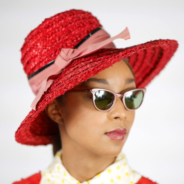 1960s/70s Red Straw Oversized Sun Hat w/Bow Accent