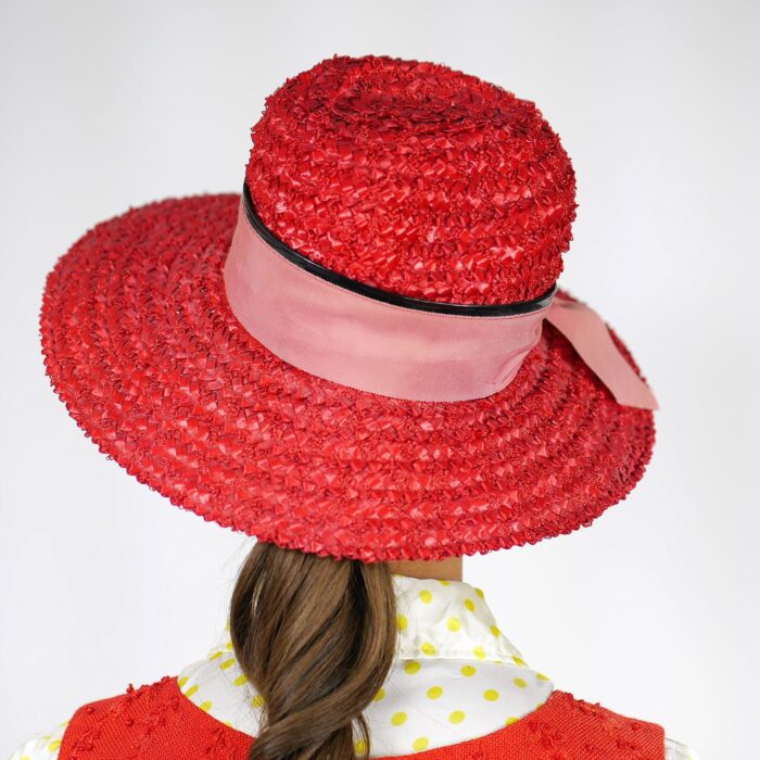 1960s/70s Red Straw Oversized Sun Hat w/Bow Accent - Image 2