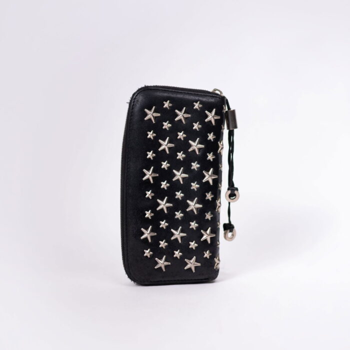 Jimmy Choo Philippa Star Studs Round Zipper Long Wallet Black Leather