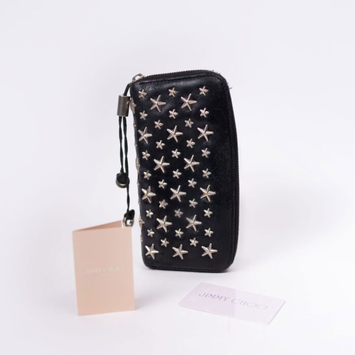 Jimmy Choo Philippa Star Studs Round Zipper Long Wallet Black Leather - Image 4