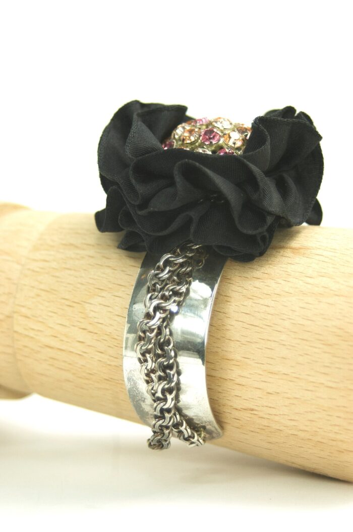 TenOverSix Sterling Cuff Semi-Precious Bracelet Chainlink Detail w/Genuine Crystal Flower - Image 5