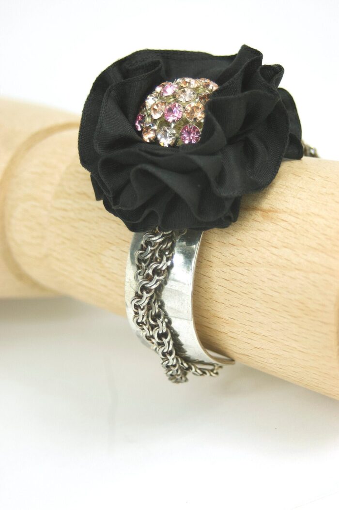 TenOverSix Sterling Cuff Semi-Precious Bracelet Chainlink Detail w/Genuine Crystal Flower - Image 4