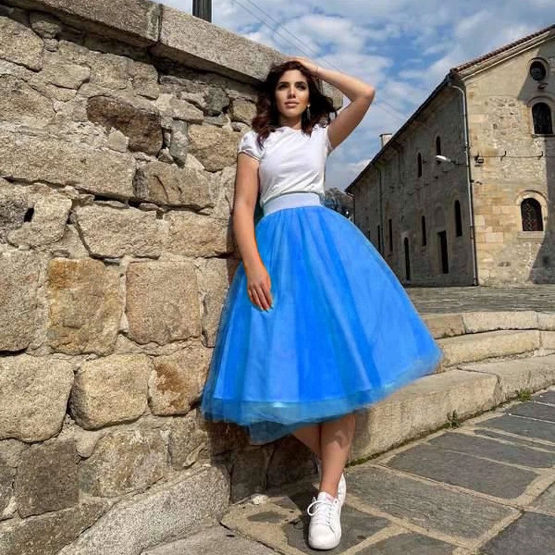 blue Layered Tulle Ball Gown High Waisted Skirt Yellow Skirt Midi Skirts Woman Clothes Korean Style