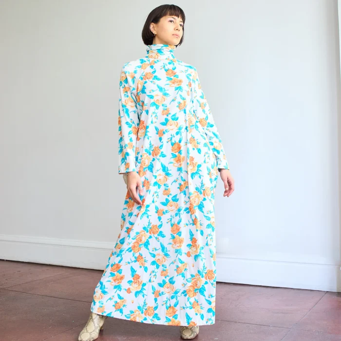 1960s/70s Butterfield 8 Turtleneck Floral Caftan Dress Deadstock