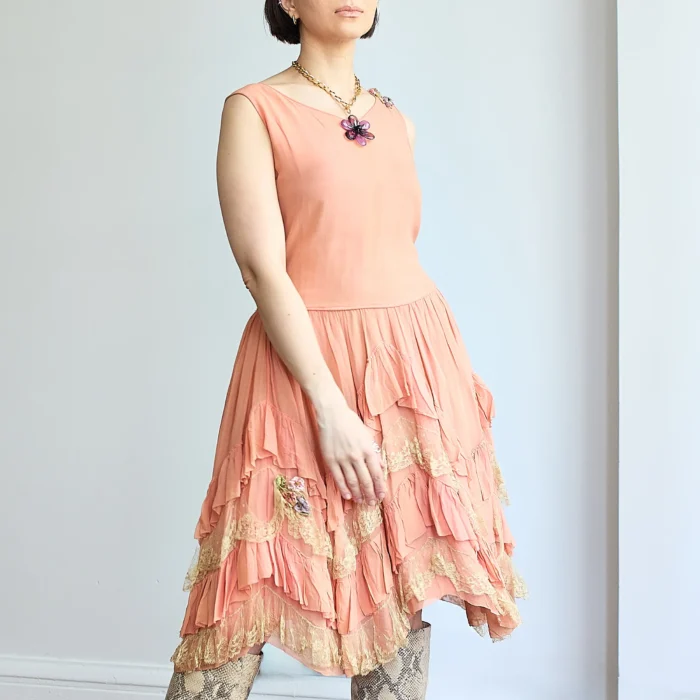 1920s Silk Chiffon Drop Waist Ruffle & Lace Pink Dress w/Satin Florets