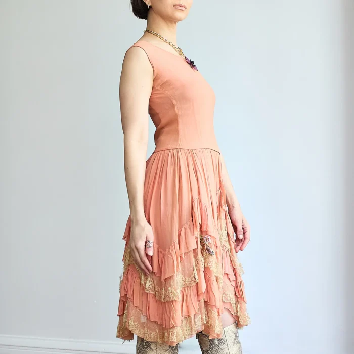 1920s Silk Chiffon Drop Waist Ruffle & Lace Pink Dress w/Satin Florets - Image 6