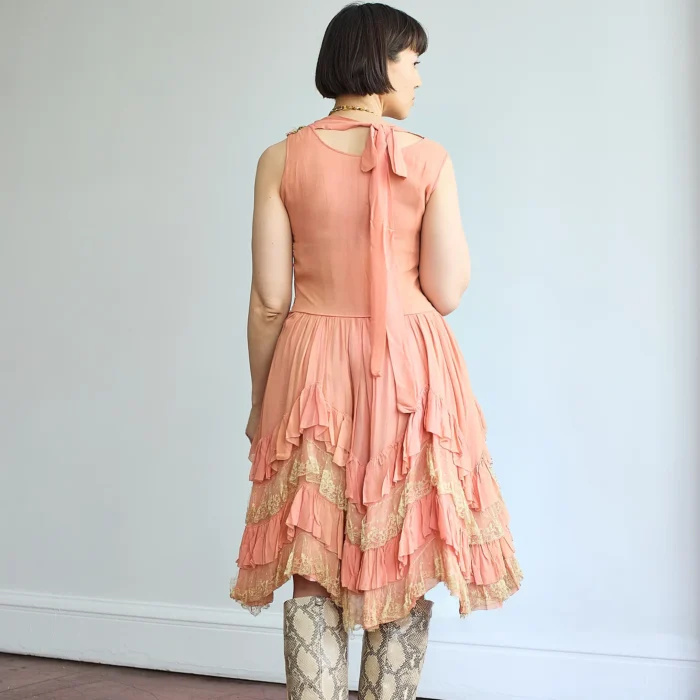 1920s Silk Chiffon Drop Waist Ruffle & Lace Pink Dress w/Satin Florets - Image 5