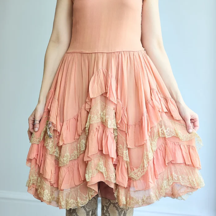 1920s Silk Chiffon Drop Waist Ruffle & Lace Pink Dress w/Satin Florets - Image 4