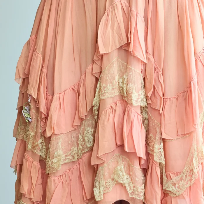 1920s Silk Chiffon Drop Waist Ruffle & Lace Pink Dress w/Satin Florets - Image 3