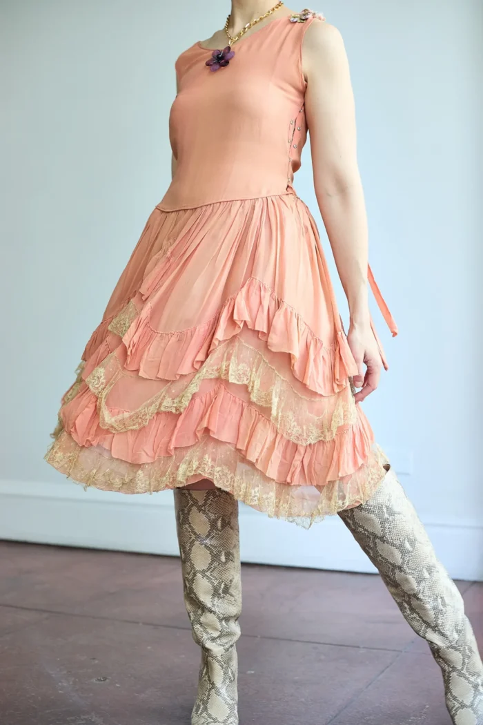 1920s Silk Chiffon Drop Waist Ruffle & Lace Pink Dress w/Satin Florets - Image 2