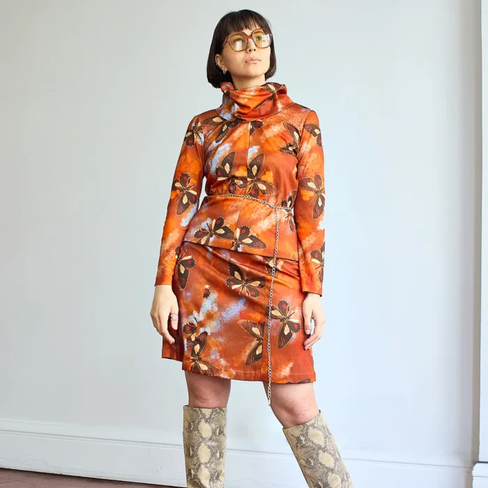 60s/70s Butterfly Print 2 Piece Co-ord Turtleneck Skirt Set