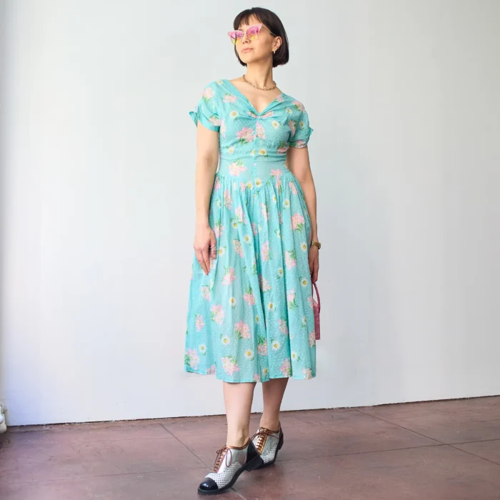 1940s Textured Polkadot Floral Midi Cotton Day Dress