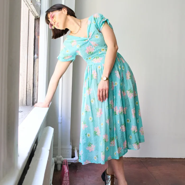 1940s Textured Polkadot Floral Midi Cotton Day Dress - Image 3