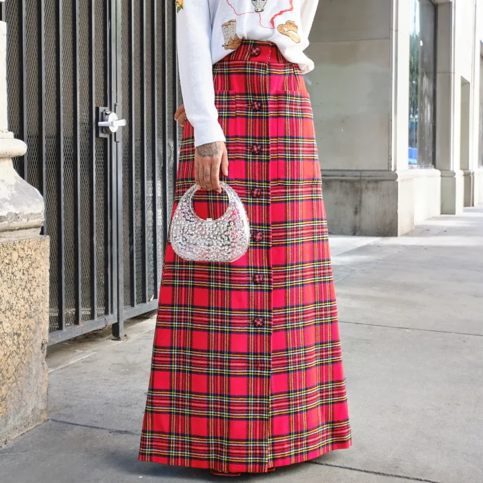 1970s Wool Tartan Plaid Button Up Maxi Skirt