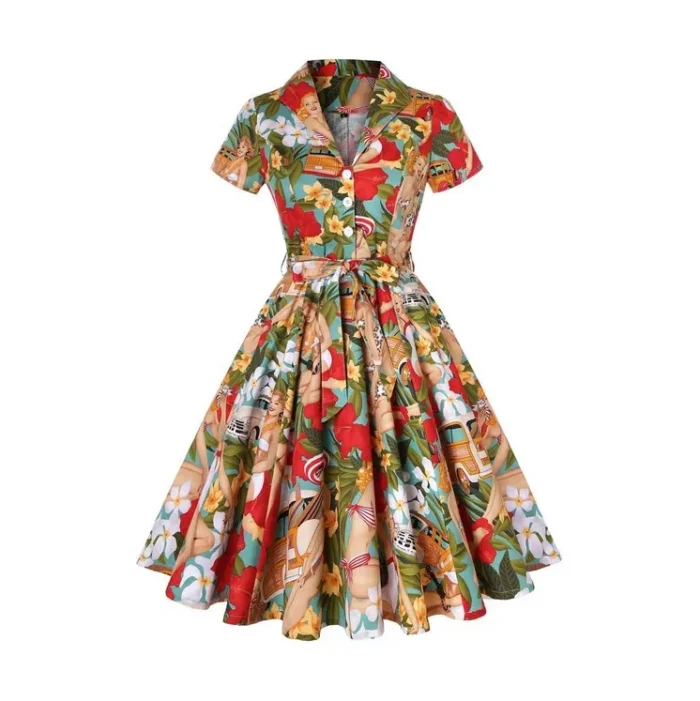 1950s Retro Floral Print Rockabilly Midi Dress