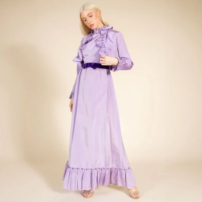 1960's Lavender Taffeta Empire Waist Gown Sz 0/2 - Image 5