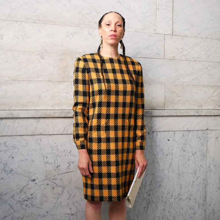 1990s Bill Blass Wool Plaid Mustard Shift Dress