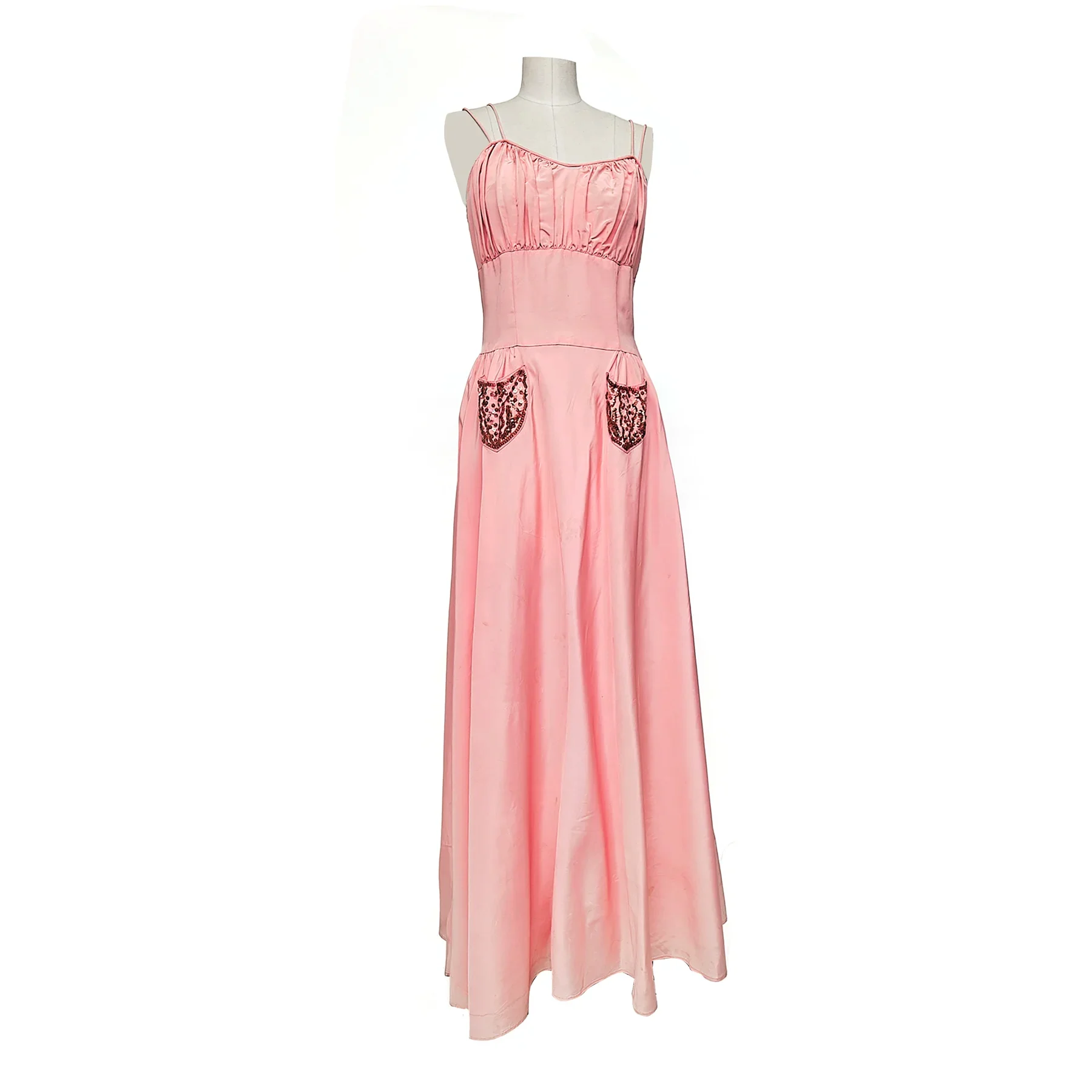 1940s Pink Taffeta Two-Piece Evening Dress w/ Bolero & Gelatin Sequins – Modern 0–2 (XXS/XS)