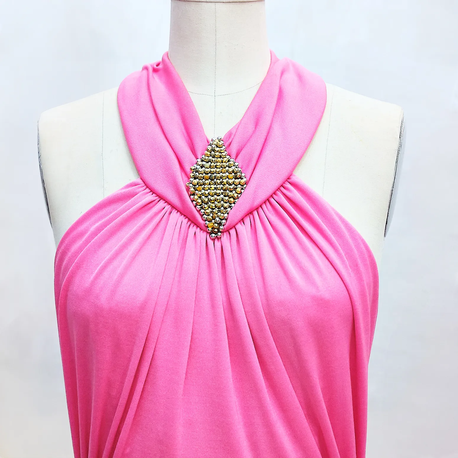 1970s Bubblegum Pink Halter Gown with Gold Beaded Detail- Size-S/L (adjustable tie) - Image 2