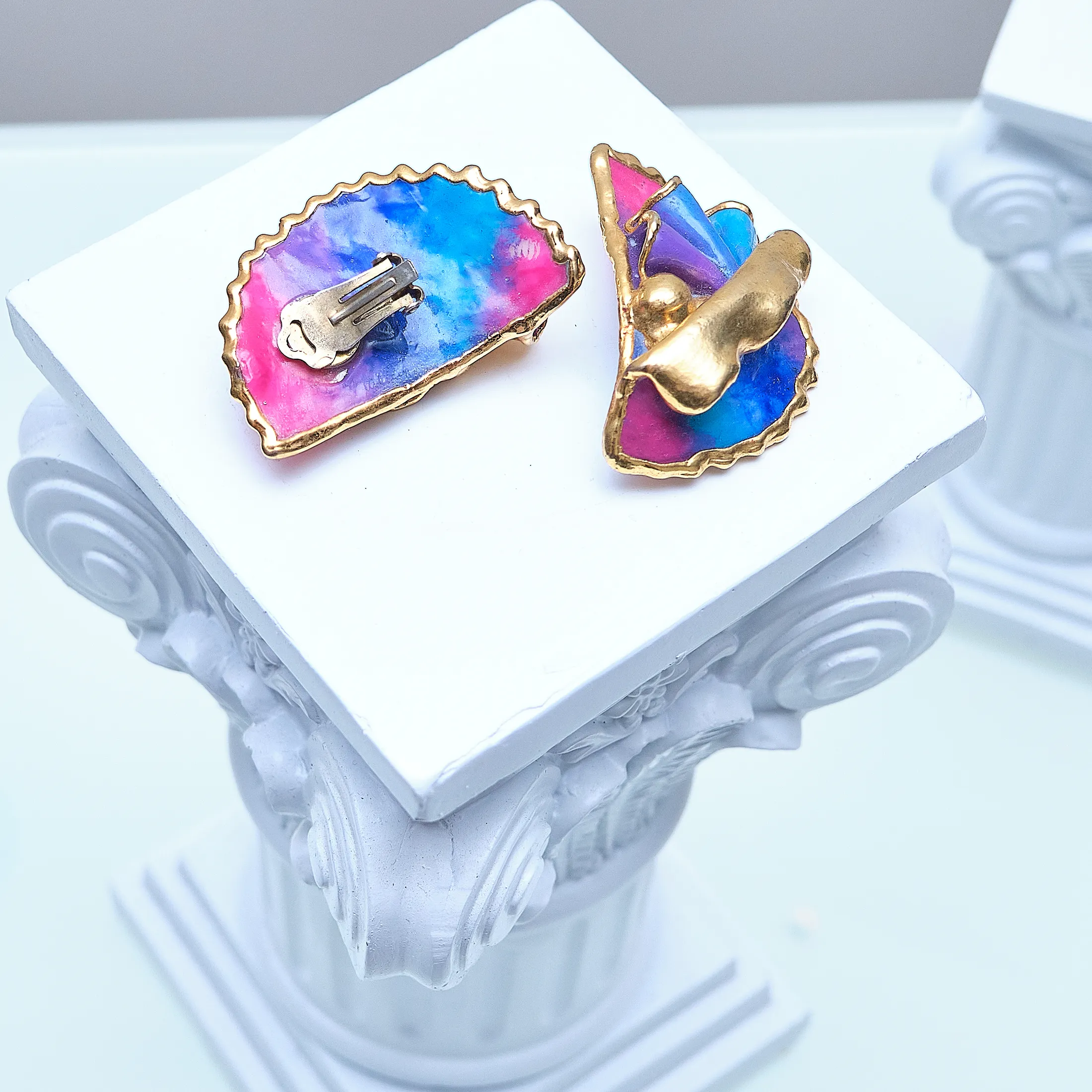 Amy Lacombe 1988 Sculptural Clip Earrings – Magenta/Blue, 24K Gold-Plated (Art to Wear)
