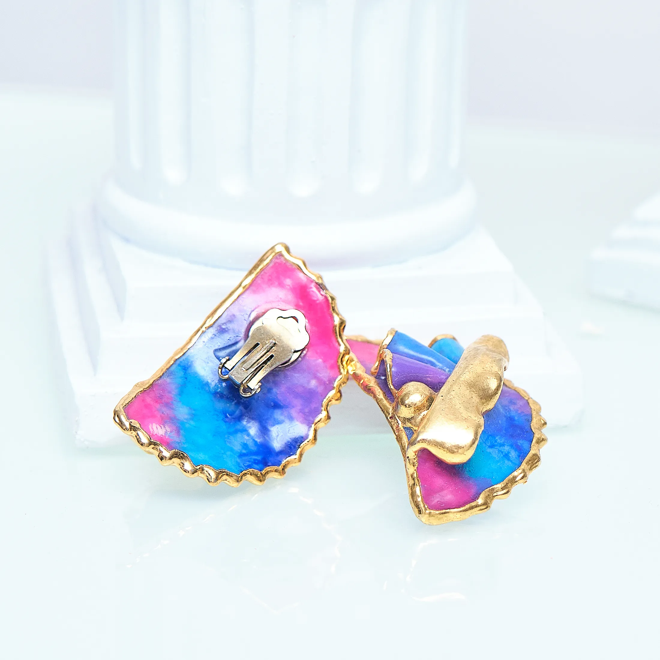 Amy Lacombe 1988 Sculptural Clip Earrings – Magenta/Blue, 24K Gold-Plated (Art to Wear) - Image 6