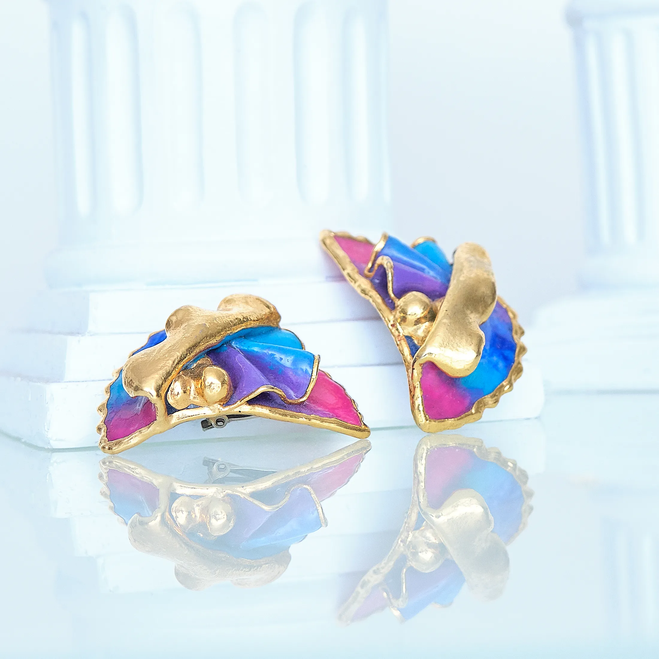 Amy Lacombe 1988 Sculptural Clip Earrings – Magenta/Blue, 24K Gold-Plated (Art to Wear) - Image 8