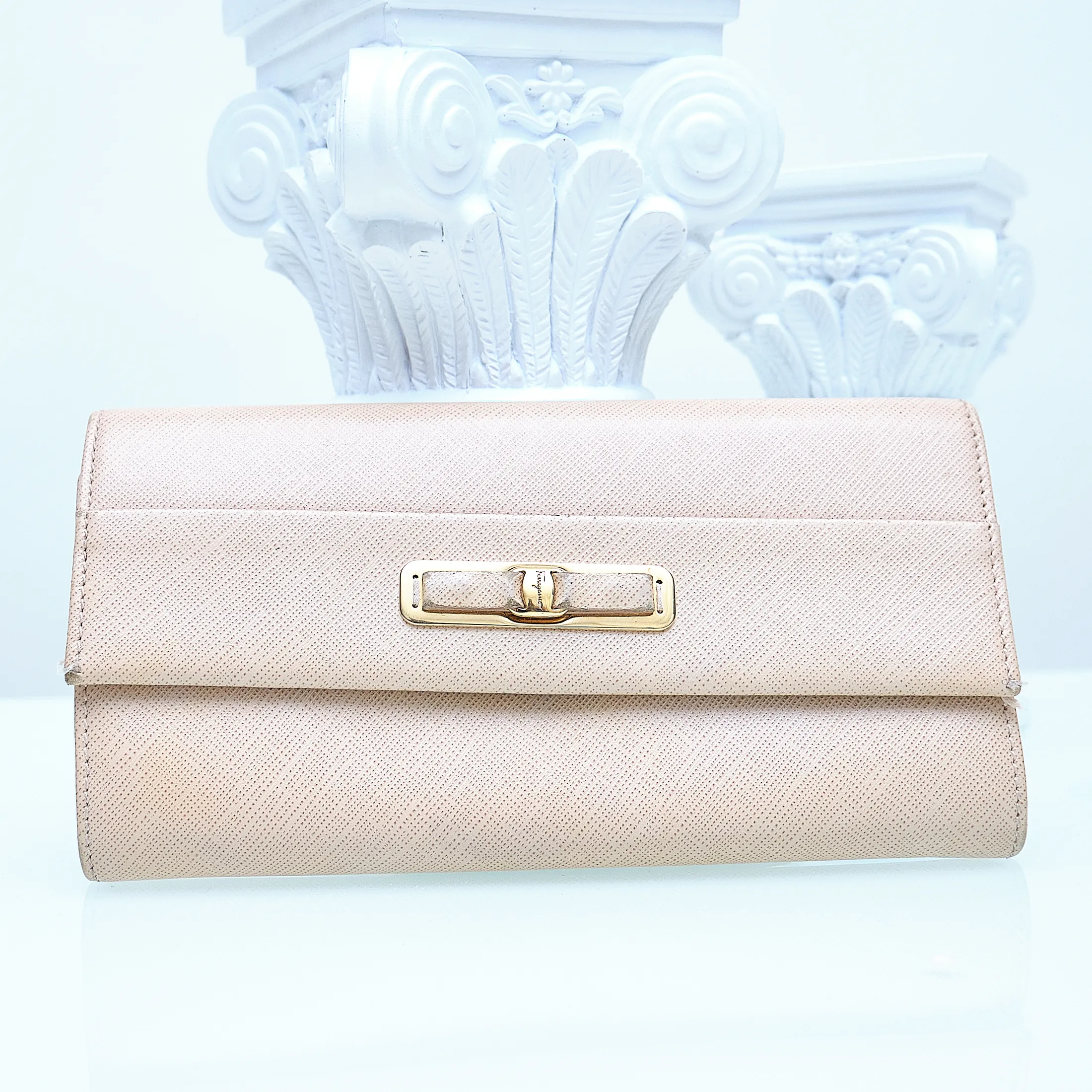 2000s Salvatore Ferragamo Saffiano Leather Checkbook Wallet – Blush Nude with Gold Hardware