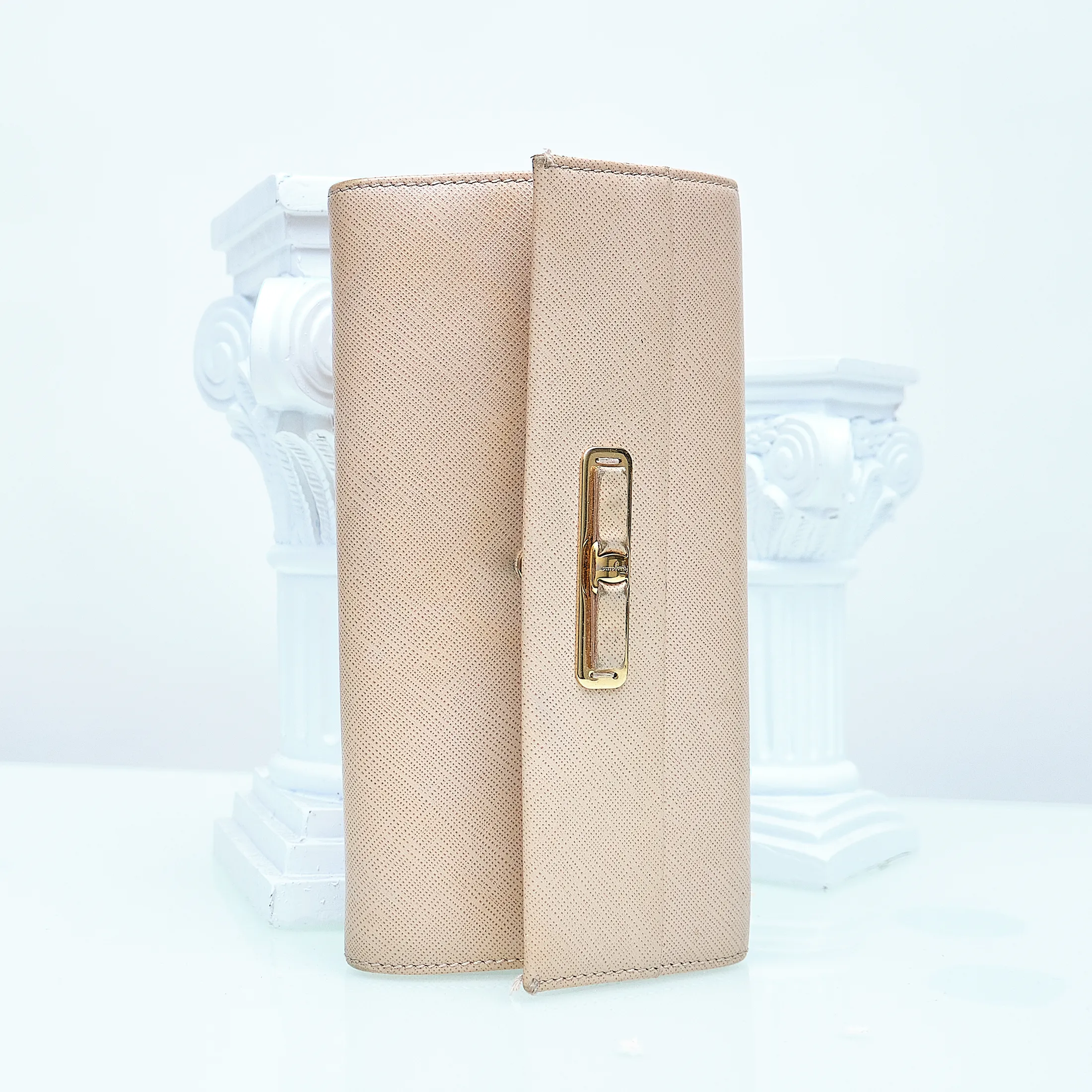 2000s Salvatore Ferragamo Saffiano Leather Checkbook Wallet – Blush Nude with Gold Hardware - Image 3