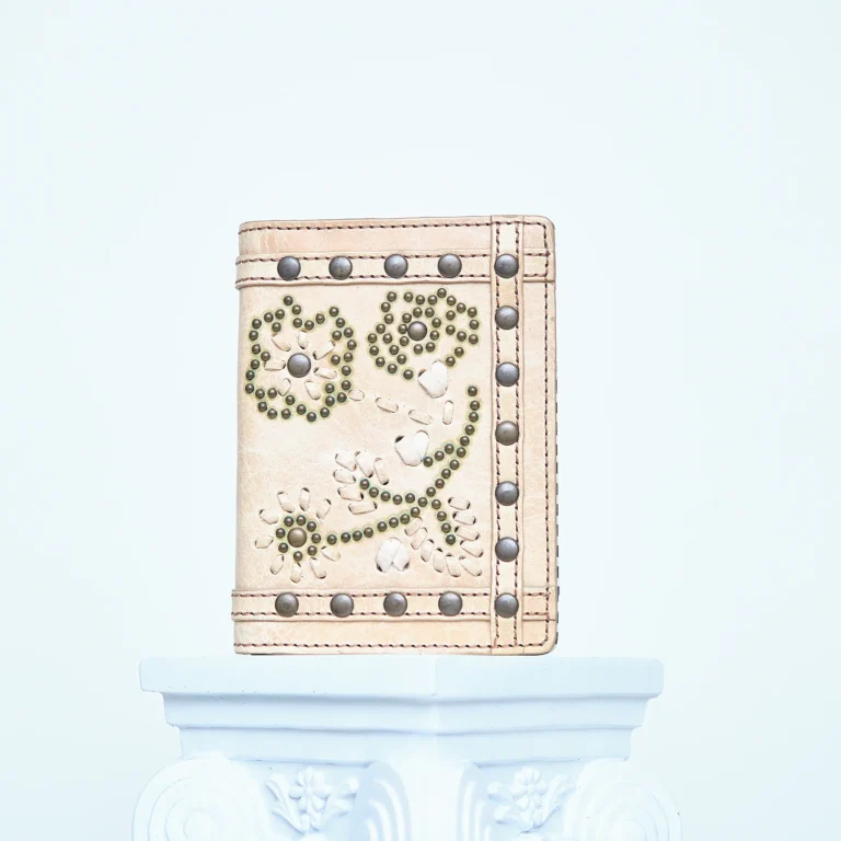 Kenzo Studded Leather Wallet – Floral Embossed with Green Stud Detailing (2010s)