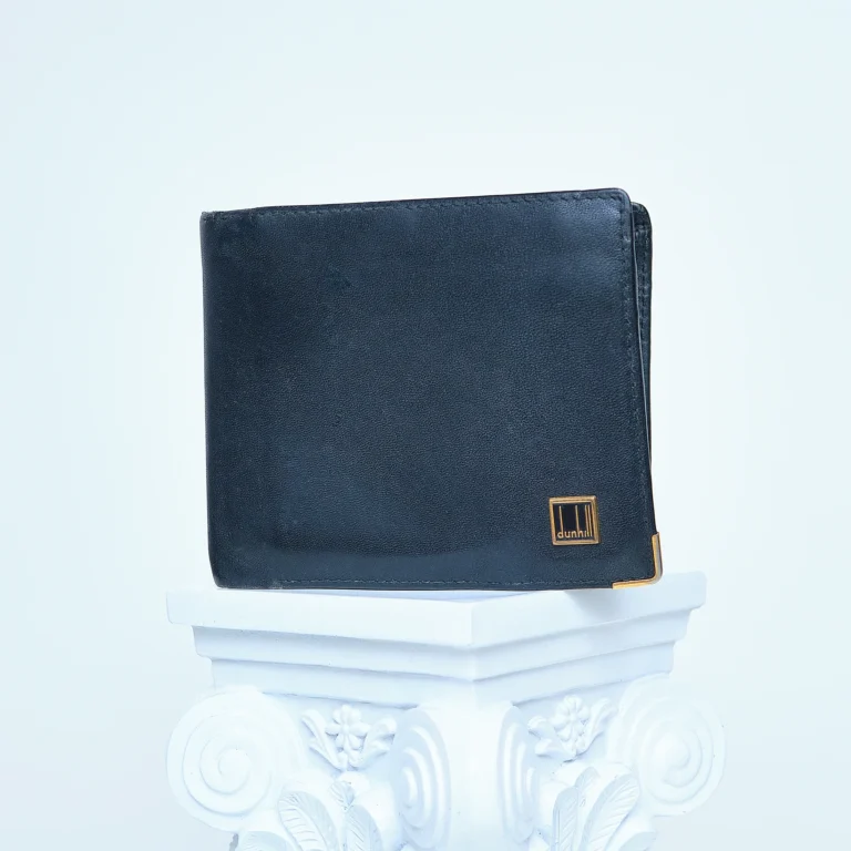 1980s/1990s Dunhill Lamb Leather Bifold Wallet – Black w/ Brass Logo & Corner Detail