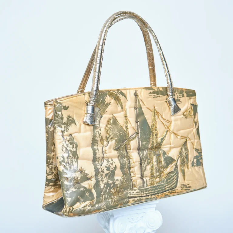 1960s Souré Bag Jungle Print Vinyl Coated Tote with Gold Lamé Handles