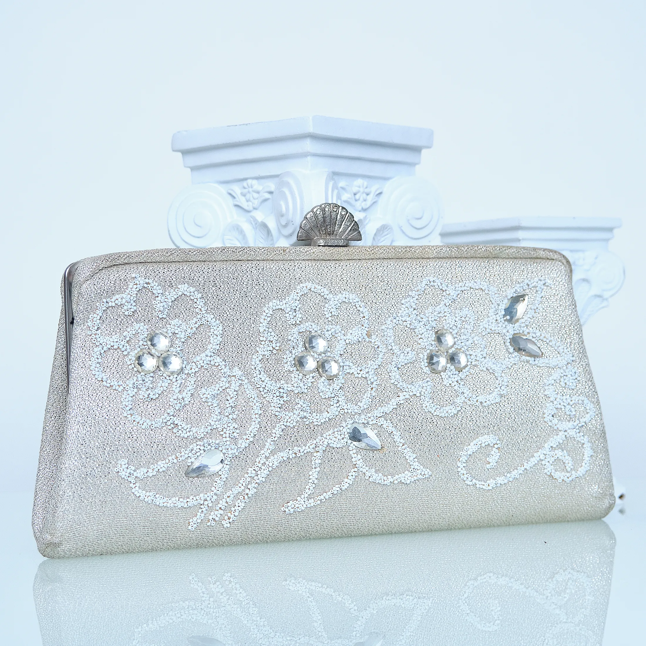 1950s/60s Hand-Beaded Evening Clutch Purse with Floral Sequin & Rhinestone Design