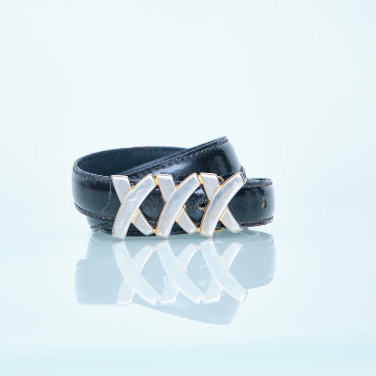 Vintage Paloma Picasso Black Leather Belt with Triple X Buckle – 1980s/90s – Size XS