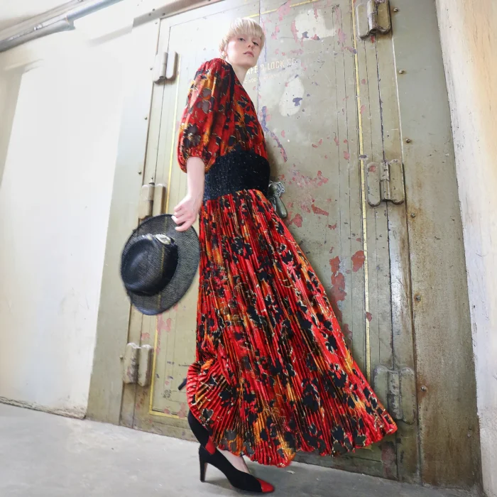 1980s Diane Fres Crushed Silk Velvet Dress with Gold Lam Accents  Size 6/8