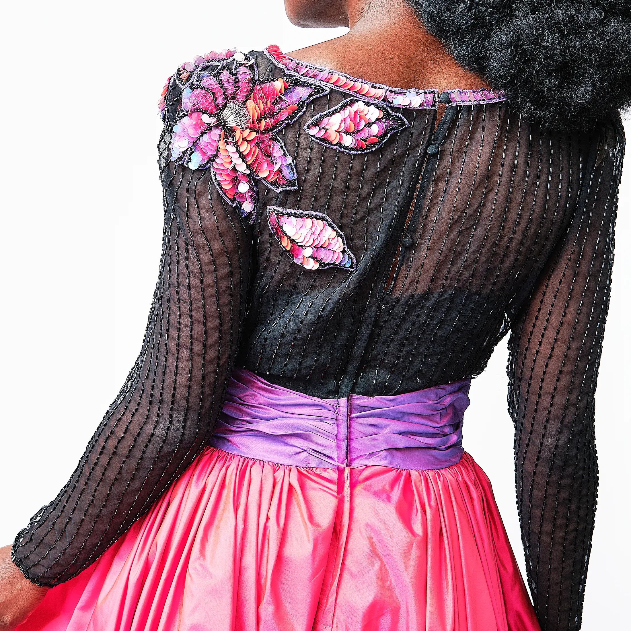 1980s Victor Costa Beaded Illusion Tulle + Taffeta Gown – Size 2 - Image 8