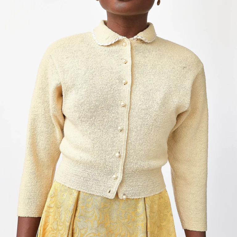 1950s Kimberly Knitwear Cream Bouclé Cardigan – Faux Pearl Button Detail