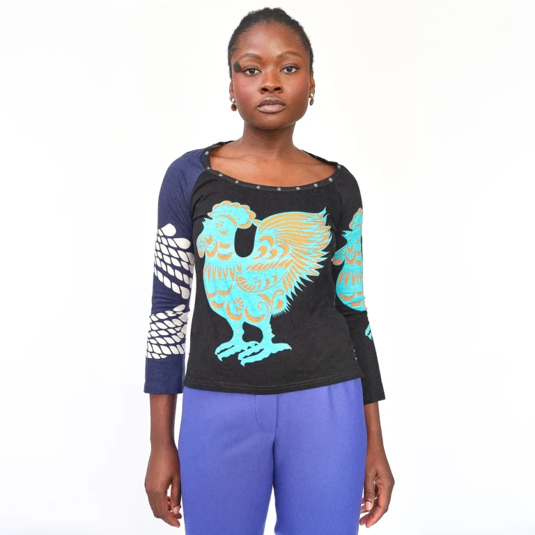 Late 1990s Custo Barcelona Graphic Cotton Top – Rooster Print + Scale Sleeve