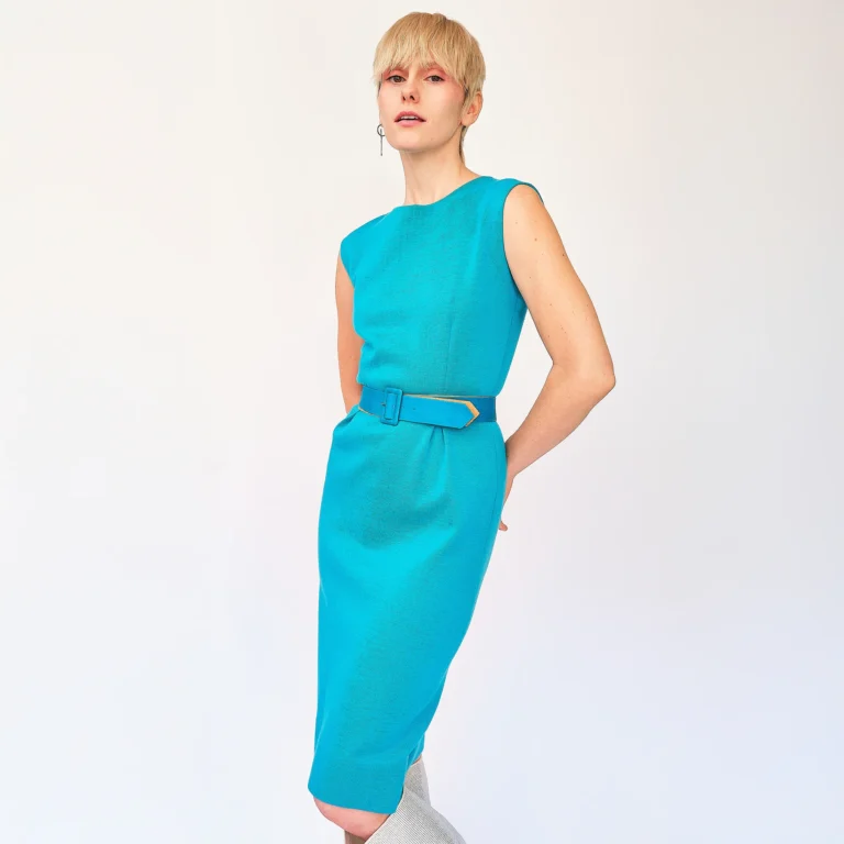 1960s Marchesa di Grésy for I. Magnin Teal Wool Belted Sheath Dress – Size 2