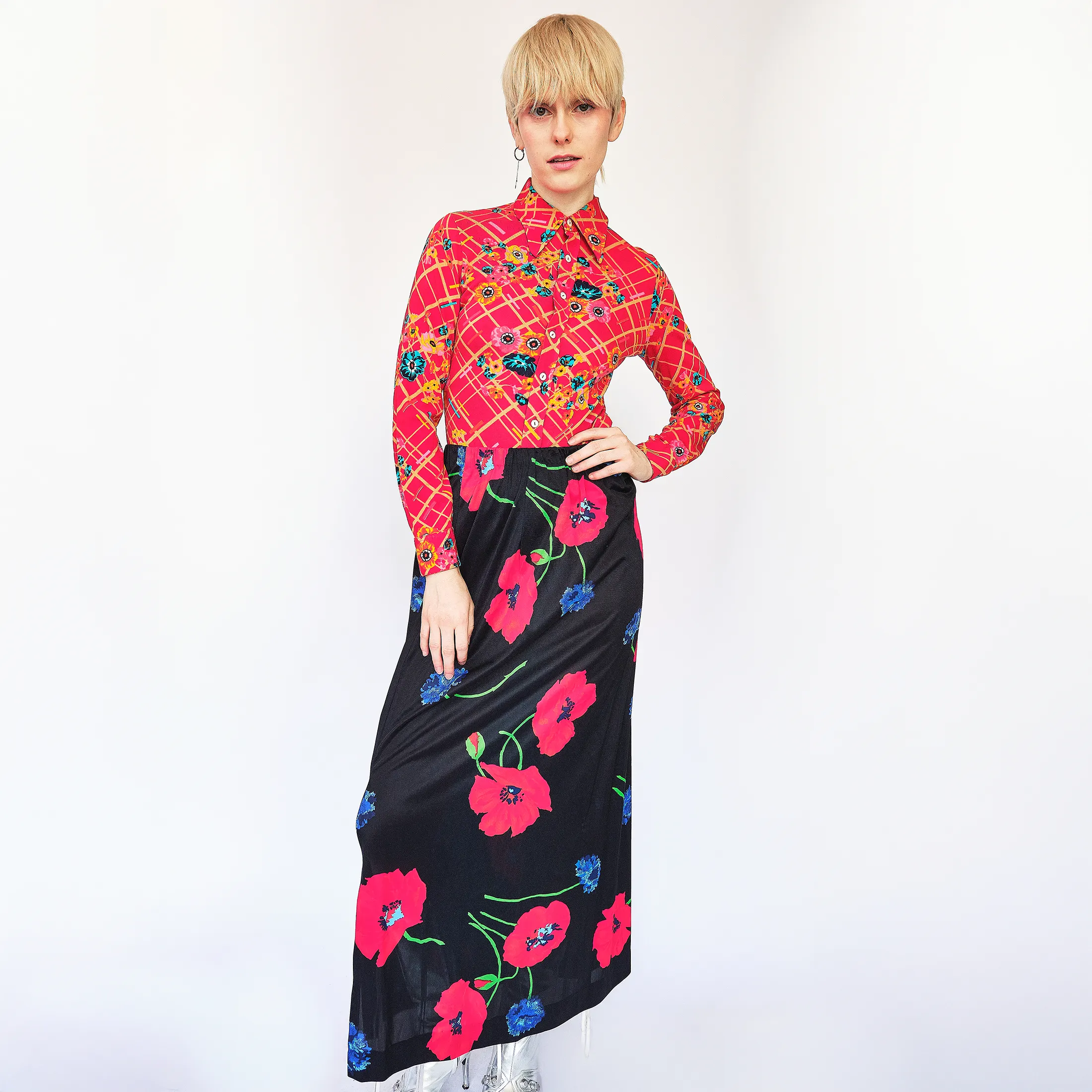 1970s to 1980s Saks Fifth Avenue poppy print nylon maxi skirt