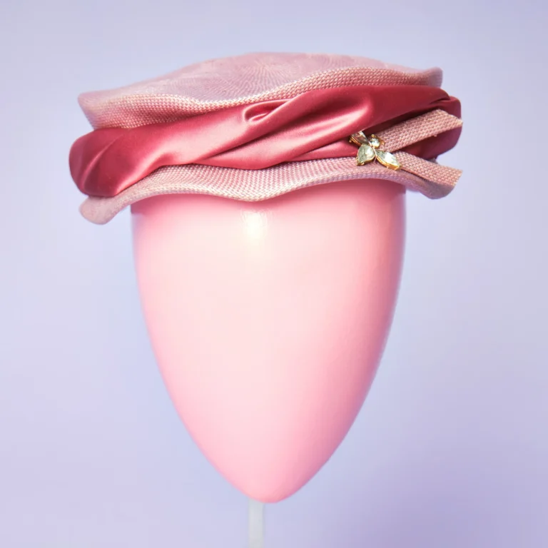 1950s Eva Mae Modes Pink Straw Cocktail Hat with Satin Pleating & Crystal Leaf Detail